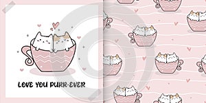 Cute Valentine Card and Seamless Pattern set with Kawaii Cute Cats