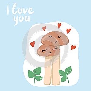 Cute Valentine card with two mushrooms in love.