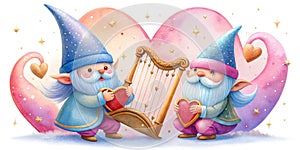 Cute Valentine Gnome Cartoon Character Sing A Love Song With Harp