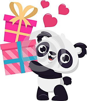 Cute Valentine Panda Bear Cartoon Character Holding Up Gift Boxes With Pink Hearts