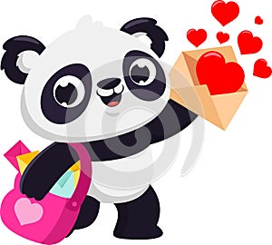 Cute Valentine Panda Bear Postman Cartoon Character With Love Letters photo