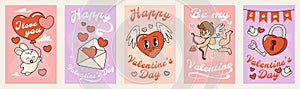 Cute Valentine`s card set in groovy style. Vector collection for couples in love