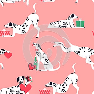 Cute valentine`s dalmatian dog seamless pattern