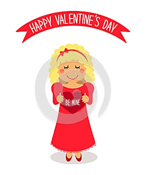 Cute Valentine`s Day card with funny cartoon character of loving girl with heart in hands