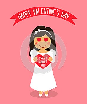 Cute Valentine`s Day card with funny cartoon character of loving girl with heart in hands