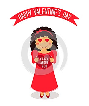 Cute Valentine`s Day card with funny cartoon character of loving girl with heart in hands