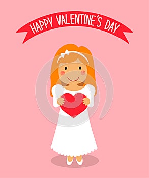 Cute Valentine`s Day card with funny cartoon character of loving girl with heart in hands