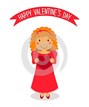 Cute Valentine`s Day card with funny cartoon character of loving girl with heart in hands