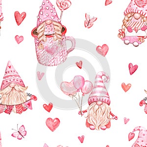 Cute Valentine`s Day gnomes illustration. Watercolor hand-painted pattern