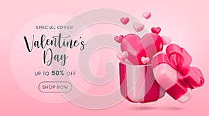Cute Valentine's day sale concept. Vector 3d open gift box with flying out shiny heart balloons and text on pink