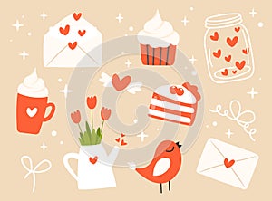 Cute Valentine\'s day vector clipart - love letter, jar with hearts, flowers, cake, bird, mug. Valentine\'s day Svg