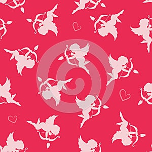 Cute valentine seamless pattern with silhouettes of angels cupids with arrows and hearts. Vector illustration background