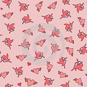 Cute valentine seamless pattern with silhouettes of angels cupids with arrows and hearts. Vector illustration background