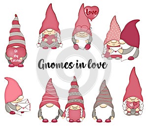 Cute Valentines day gnomes with hearts. Vector illustration