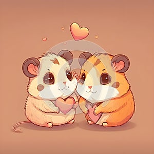 Cute Valentines day hamsters beige background illustration