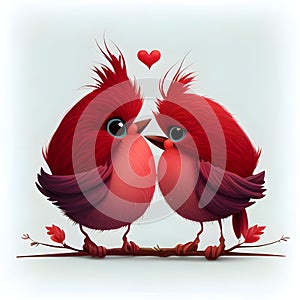 Cute Valentines day red lovebirds branch white background illustration