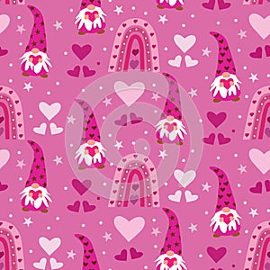 Cute Valentines day seamless pattern with boho rainbow , pink gnomes, pastel hearts, stars and dots over dark pink background