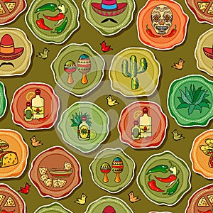 Cute various mexican icons. Vector seamless pattern.