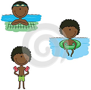 Cute vector African-American swimmer boys in different sport sit
