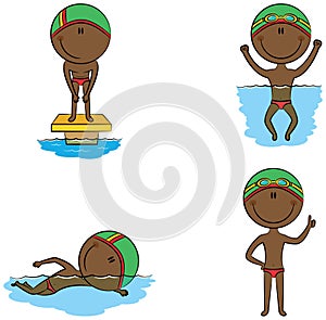 Cute vector African-American swimmer boys in different sport sit