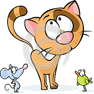 Cute vector animal - cat, mouse and bird cartoon