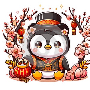 A cute vector art of penguin in chinese new year costums, with peach blossoms flower, red lampion, on white background, cartoon