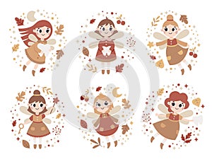 Cute vector autumn clipart, magical fairy-tale set with tooth fairy, fabulous fairies characters, autumn leaves, berries