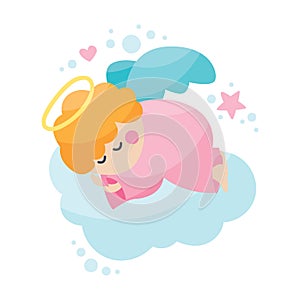 Cute vector baby angel character with wings, cloud, heart, star. Nursery art, valentine's day