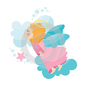 Cute vector baby angel character with wings, cloud, heart, star. Nursery art, valentine's day