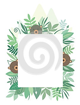 Cute vector baby bears frame, jungle theme. Summer frame with animals for kids or baby birthday invitation.