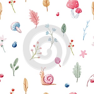 Cute vector baby pattern with watercolor snail, mushrooms, leaves, berries. Stock illustration.