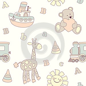 Cute vector baby seamless background. Cartoon children pattern.