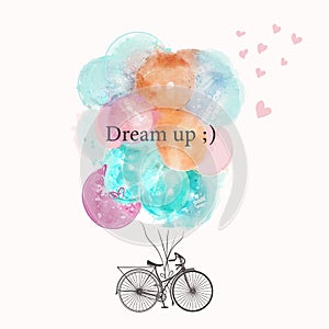 Cute vector bicycle with colorful pink and blue balloons