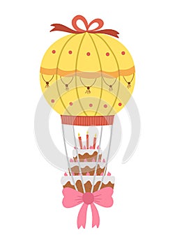 Cute vector cake with candles flying on colored hot air balloon with pink bow. Funny birthday dessert clipart for card, poster,