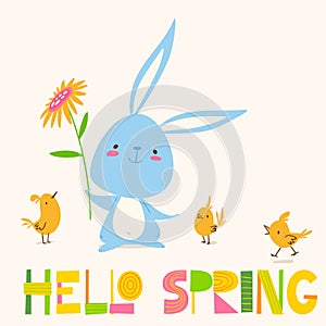 Vector spring easter card with flowers, bunny and chicken.