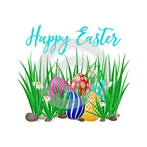 Cute vector card Happy Easter with green grass, spring flowers, eggs