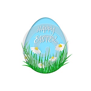 Cute vector card Happy Easter with green grass, spring flowers into the eggs