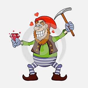 Cute vector cartoon gnome or dwarf with a pickaxe got a ruby. Fairytale character. Funny prospector. Design for print, emblem, t-