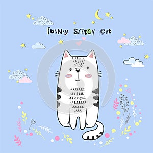 Cute vector cartoon kawaii cat with clouds, stars, heart, hand drawn imitation