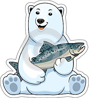 Cute Vector cartoon polar bear with King Salmon fish sticker