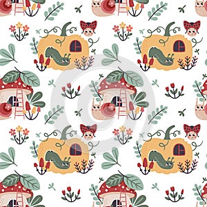 Cute vector cartoon seamless pattern with garden insects worms, ladybug, snail on pumpkin and mushroom with windows