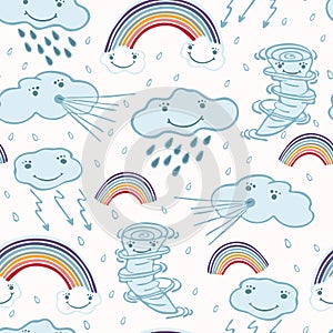 Cute vector cartoon weather clouds and rainbow