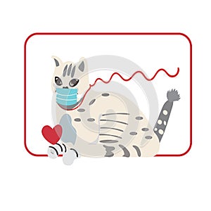 Cute vector cat illustration. Isolated on white. Cat wears a protective mask because of the covid-19 coronavirus