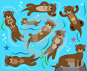 Cute Vector Collection of Otters in Water