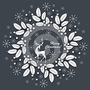 Cute vector deer. Holly branch, berries with snowflakes in a Christmas wreath on a gray background.