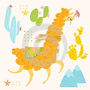 Cute vector design with alpaka and cacti