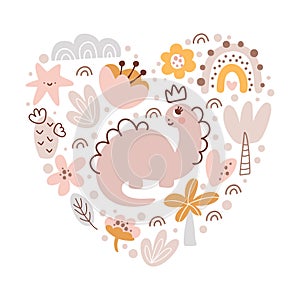 Cute vector Dino Girl composition in form of heart love. Kid greeting card landscape with dinosaur, cactus, palm, plant