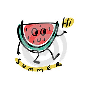 Cute vector doodle smiling funny groovy cartoon baby watermelon happy character saying Hi. Vitamin positive summer fruit