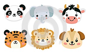 Cute vector faces of different animals. Tiger, lion, elephant and panda. A cow and a dog