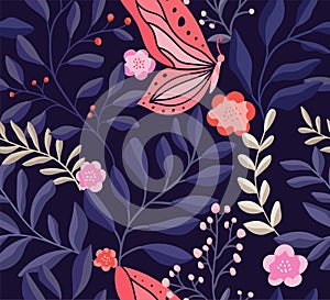 Cute vector floral seamless pattern with butterflies. Colorful flowers background. Trendy repeat texture for fashion print, wallpa